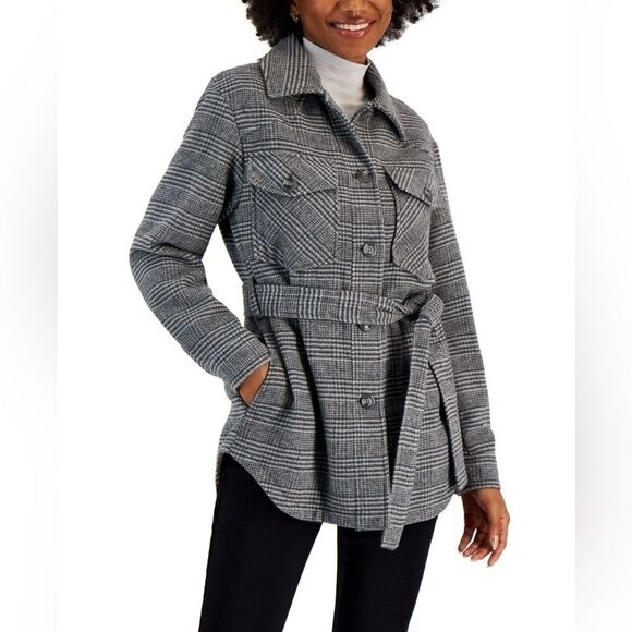 CoffeeShop Jackets & Blazers - CoffeeShop Juniors' Belted Shirt Jacket,coat Grey Plaid size S